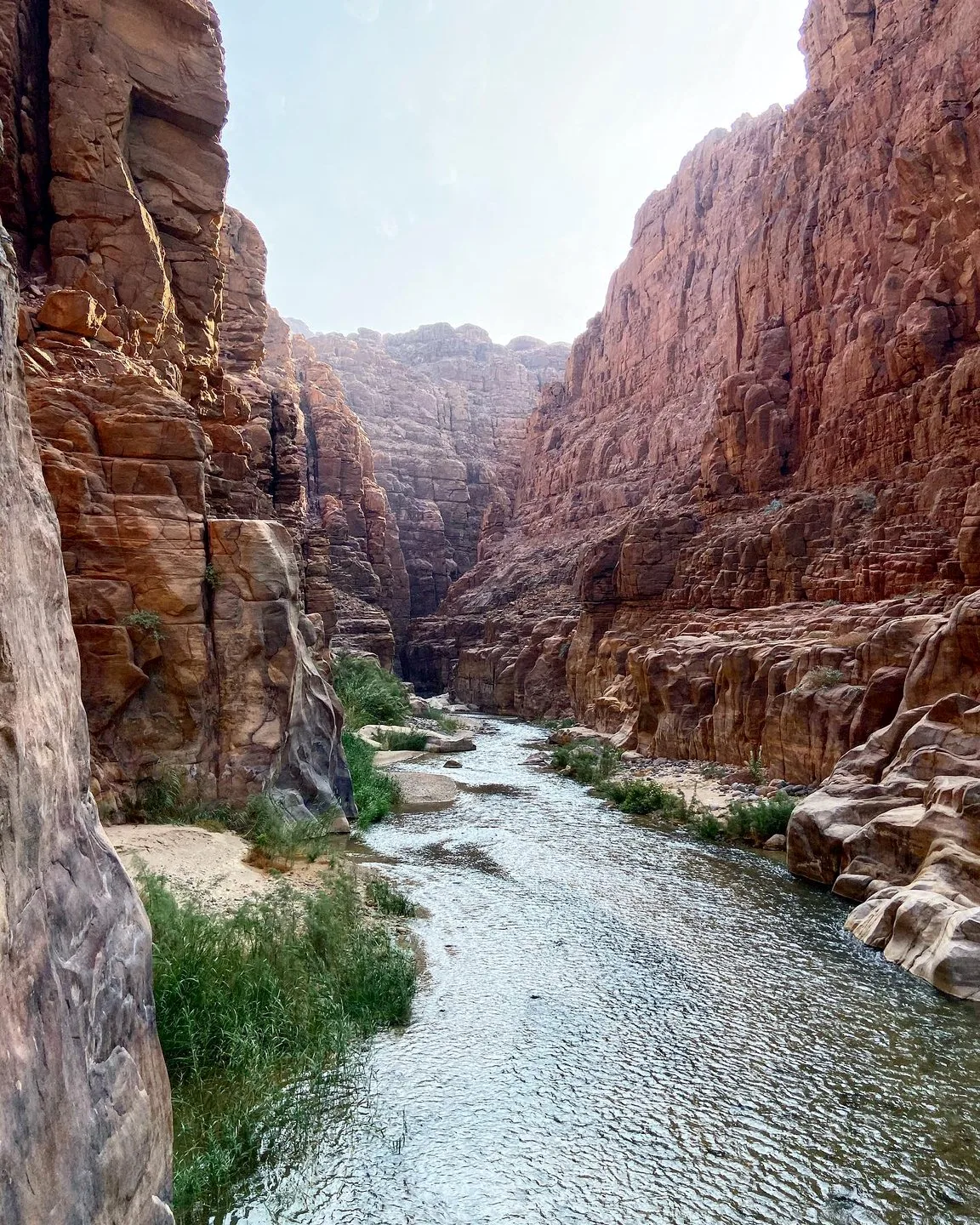 River flowing between tall sandstone cliffs in Wadi Mujib, Jordan
